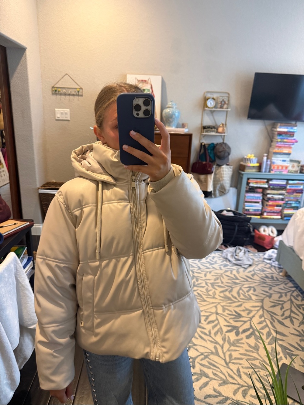 Zara Women’s Leather Puffer Hooded Jacket in Light Beige